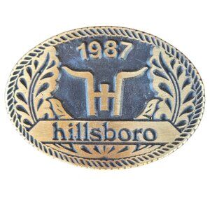 Hillsboro Belt Buckle 1987 DynaBuckle Solid Brass Trucker Cowboy Kansas Vintage